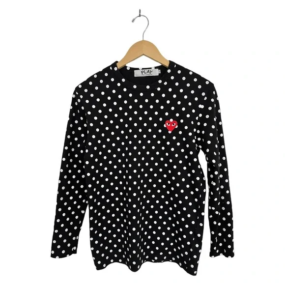 Comme Des Garcons Play Polka Dot Long 100% Cotton Tee Embroidered Heart Size L - Picture 10 of 15